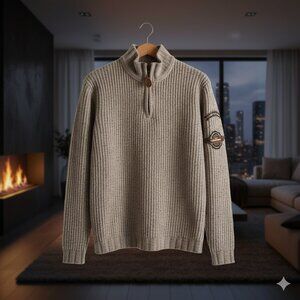 Women Small Heavy Wool Sweater Cable Knit Qtr. Zip Logo High Neck Thick & Warm